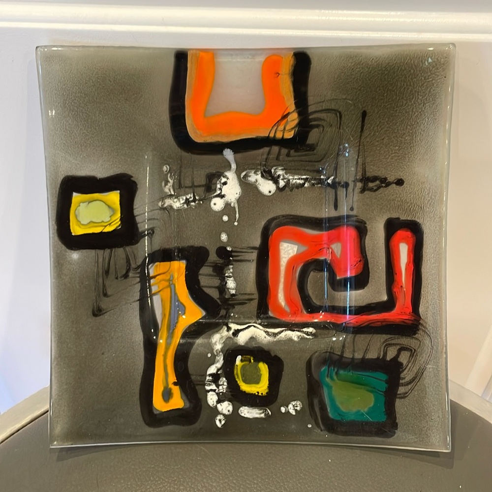 Colorful Sephora Art Glass Trinket Dish Decorative Plate 7.5 Inches Square